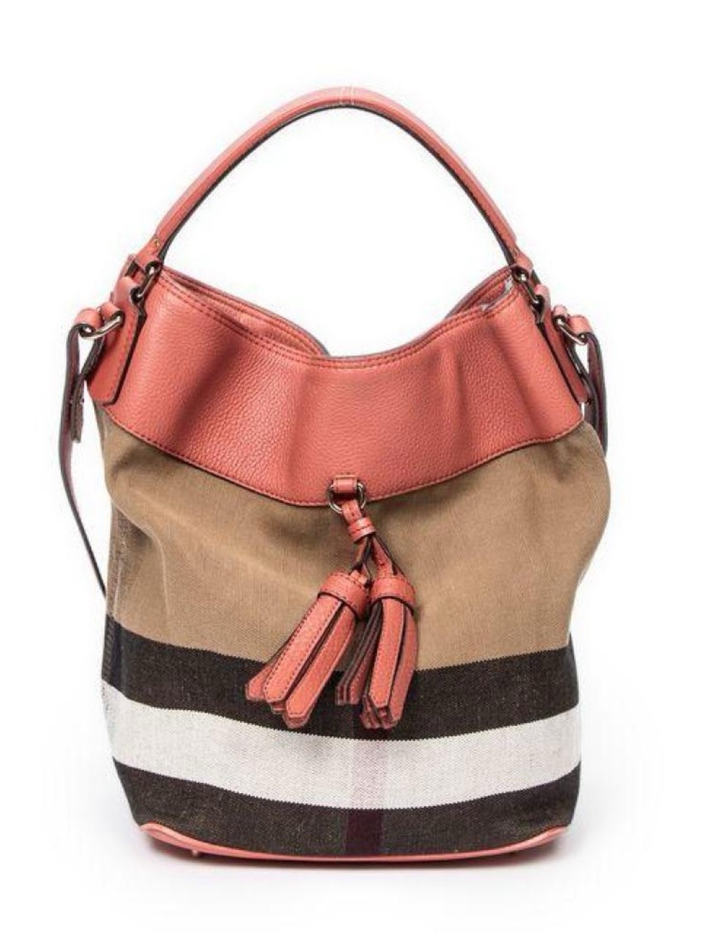 Burberry Mega Check Canvas Grained Calfskin Ashby Tassel Bucket Bag with Pouch